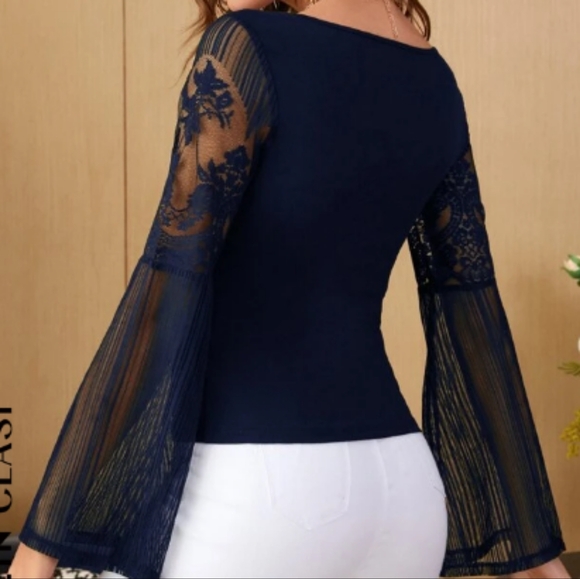 SHEIN Clasi V-Neck Lace Detail Bell Sleeve Tee - Picture 3 of 3